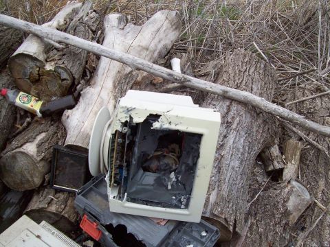 2000 Mercury Grand Marquis - Discarded electronics and debris are piled up against a backdrop of logs and dry brush.