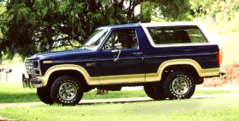 1983 Ford Bronco - Side view of a blue 1983 Ford Bronco with tan trim, parked outdoors.