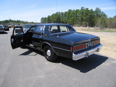 1991 Ford LTD Crown Victoria - Black sedan with doors open, parked on asphalt with trees and sky in background. Other vehicles are in the distance.