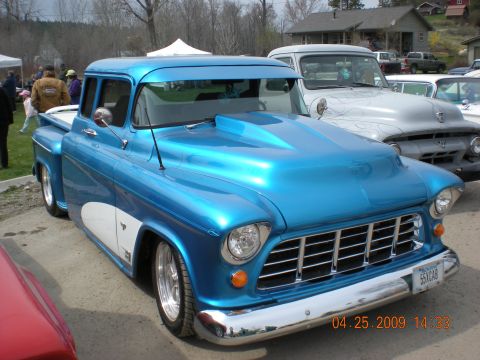 1974 Ford Ranchero - Customized 1955 Chevrolet pickup truck with a prominent hood scoop and two-tone paint scheme.