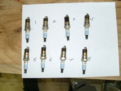 1992 Ford Bronco - Eight spark plugs are numbered 1 through 8 on a piece of paper.