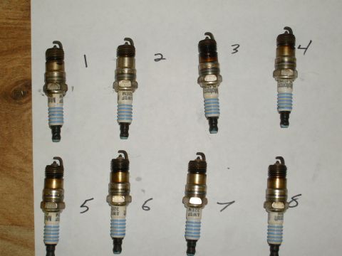 1992 Ford Bronco - Eight spark plugs are laid out and numbered, with some exhibiting signs of use and wear.