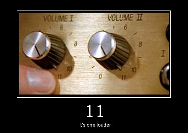 Amplifier panel with two volume knobs turned to 11, captioned 11