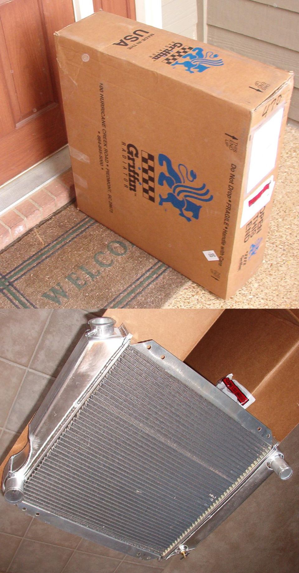 The original has been leaking slightly for a few months, and it blew out the same day this arrived.  This one's ports are reversed for EFI swaps, but there are no hoses included or recommended, and the mounting blocks are too big for the stock rubber mounts.  It lacks an internal ATF cooler, and the top flange is bent.

Too bad the delivery guy couldn't read.

See the NEXT several pics...