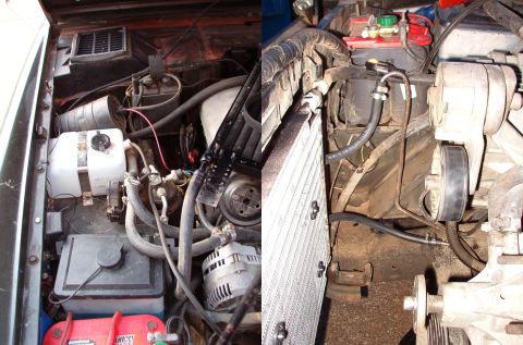1975 Ford Bronco - The new coolant & wiper reservoirs, and the back of the condenser with the new ATF cooler installed. The fan has to move back to make room…