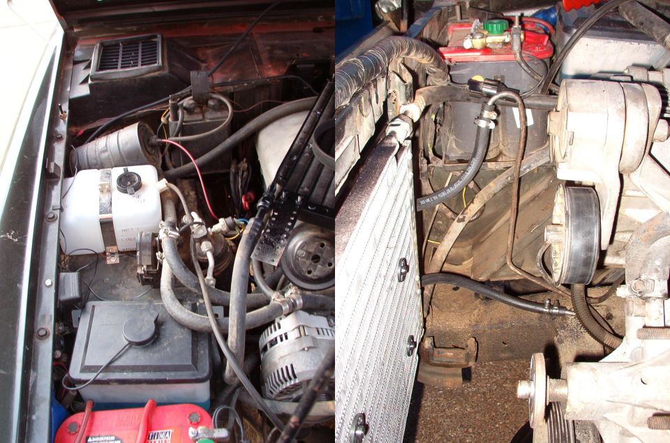 The new coolant & wiper reservoirs, and the back of the condenser with the new ATF cooler installed.  The fan has to move back to make room for the thicker radiator core, so I'm removing part of its spacer.
