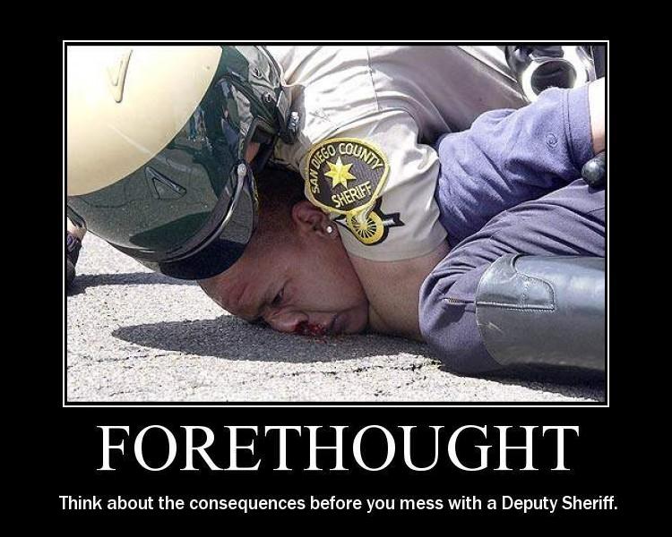 Sheriff deputy pinning a person to pavement, captioned FORETHOUGHT