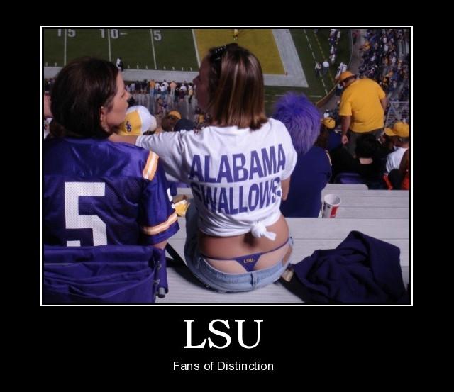 Two football fans in stands, one shirt reads ALABAMA SWALLOWS, captioned LSU