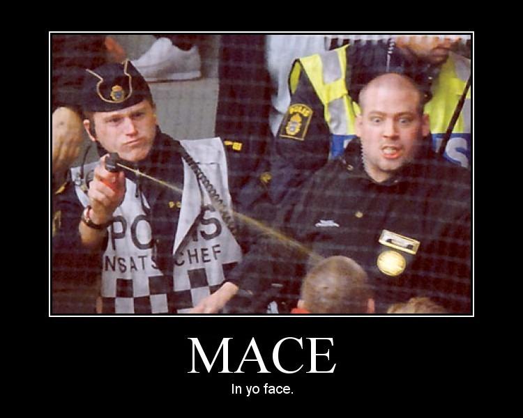 Officer spraying mace at a crowd, demotivational meme captioned MACE