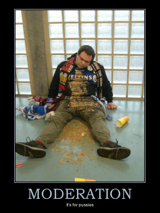Drunk man slumped on floor surrounded by trash, captioned MODERATION