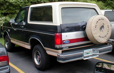 1983 Ford Bronco - Rear view of a Ford Bronco, showing its spare tire cover and license plate.