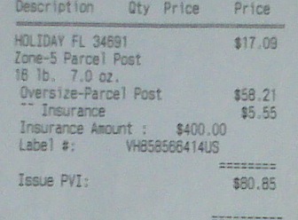 1995 Ford Bronco - This document shows shipping details including parcel post, insurance, and a label number.