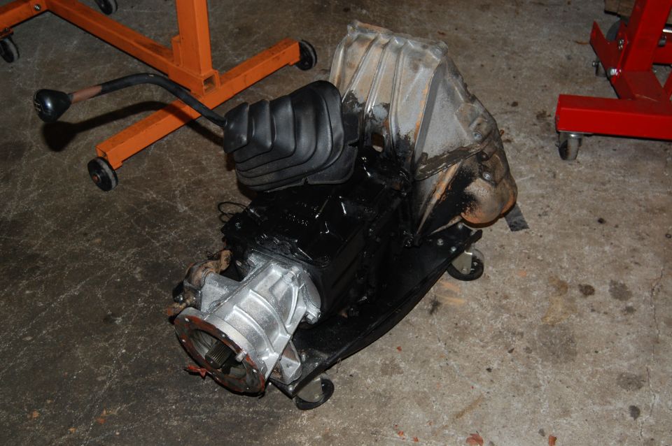 transmission and transfer case on an engine stand