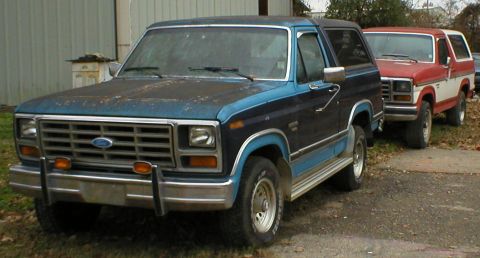 1983 Ford Bronco - Two Ford Broncos, one blue and one red with white trim, are parked outdoors in a line.