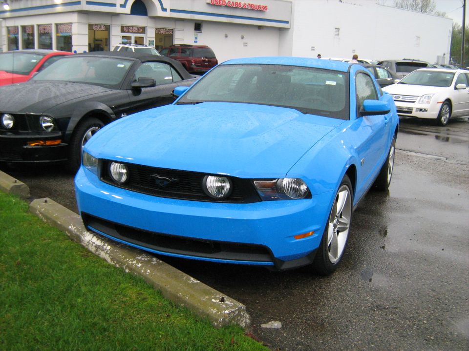 Blue Ford Mustang parked in front of a used car dealership. Black convertible Mustang and white sedan also visible