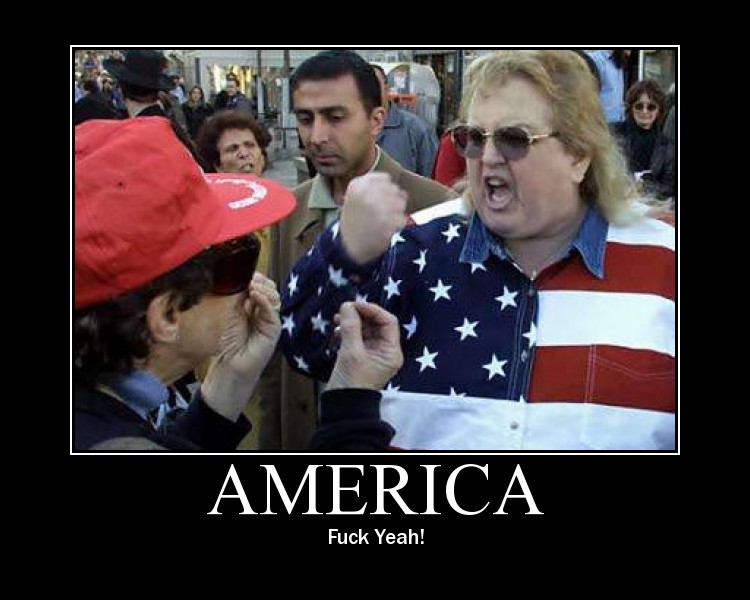 Two people arguing, one wearing an American flag shirt. Text reads "AMERICA Fuck Yeah!"