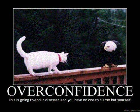 1990 Ford Bronco - A white cat and a bald eagle face each other on a wooden railing, with text about overconfidence.