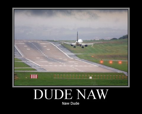 1990 Ford Bronco - An airplane is landing on a wet runway under a cloudy sky, with the text 'DUDE NAW' superimposed.