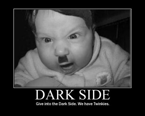 1990 Ford Bronco - A baby is dressed to resemble Adolf Hitler, with a mustache and hairstyle, under the text 'DARK SIDE. Give into the Dark Side. We have Twin…