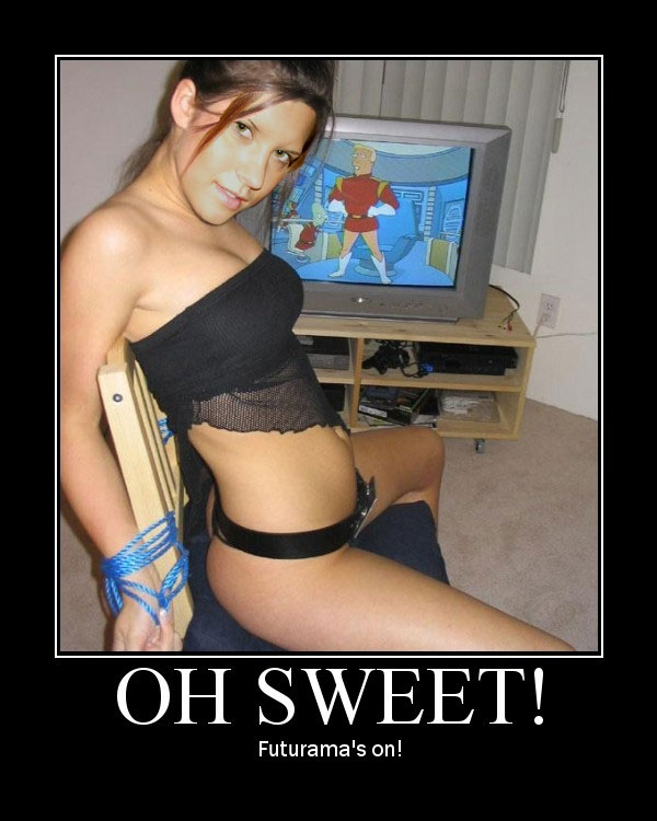 Woman tied to chair watching Futurama on TV