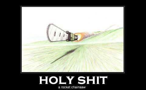 1990 Ford Bronco - A drawing depicts a rocket-powered chainsaw in flight over a grassy field, with text below.