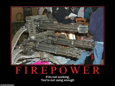 1990 Ford Bronco - A minigun is displayed with text 'FIREPOWER' and 'SUPERMOTORS'.