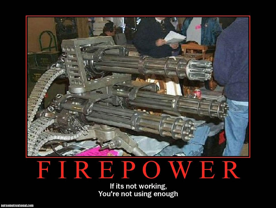 Minigun with ammo belt and people in background. Text reads 'FIREPOWER'
