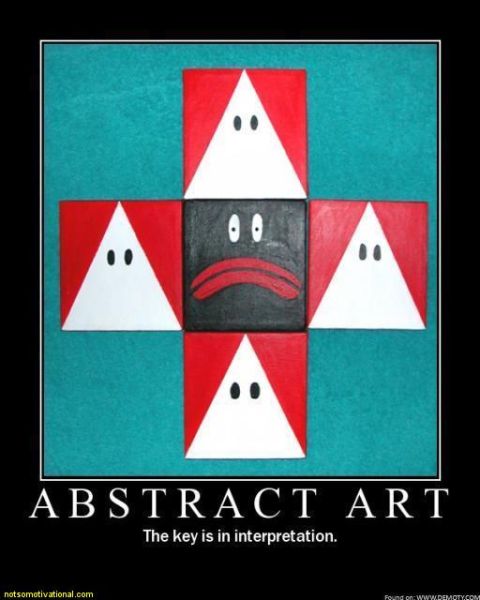 1990 Ford Bronco - This abstract art piece features a central sad face surrounded by four figures, each with a white triangular head and a red square body.