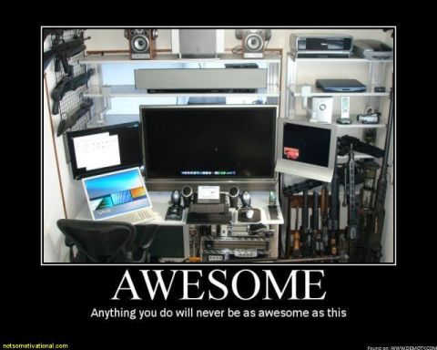 1990 Ford Bronco - A desk setup computers, electronics, and a collection of firearms, with the text 'AWESOME' overlaid.