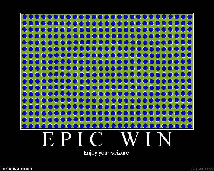 Optical illusion with blue dots on green background and text 'EPIC WIN'