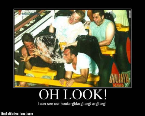 1990 Ford Bronco - A group of people on a roller coaster experience a splash of water, captured in a humorous meme format.
