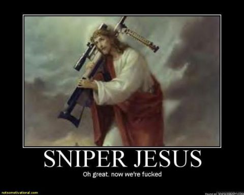 1990 Ford Bronco - This image depicts Jesus Christ armed with a sniper rifle, accompanied by humorous text.