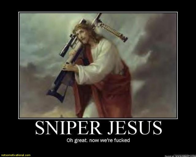 Jesus holding a sniper rifle over his shoulder, with text 'SNIPER JESUS' below