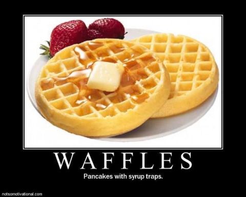 1990 Ford Bronco - A plate of waffles with strawberries and syrup is shown, with the word "Waffles" and a subtitle below.