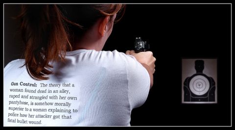 2008 Bombardier Outlander - Woman aims handgun at target with text on shirt about gun control.