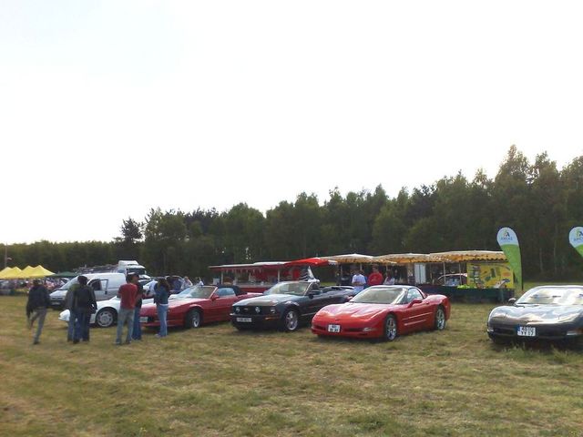 Several sports cars, including a red Corvette and a black car, are parked on a grassy field with trees in the background