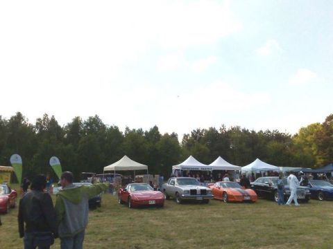 1991 Ford LTD Crown Victoria - An outdoor gathering features several cars on display under tents, with attendees observing the vehicles.