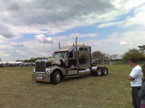 1991 Ford LTD Crown Victoria - A large semi-truck with custom eagle graphics is displayed in a grassy field with other vehicles in the background.