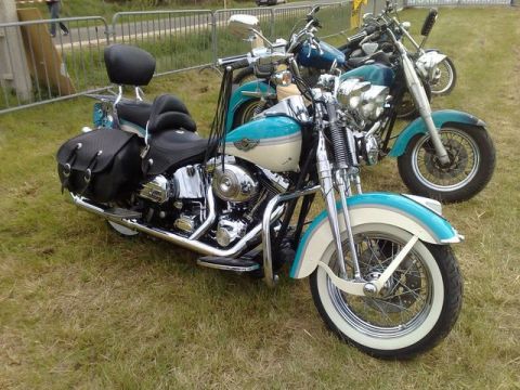 1991 Ford LTD Crown Victoria - Two motorcycles are parked on a grassy area, with one in the foreground showing its side profile.