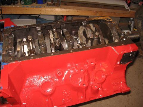 1966 Ford F-100 - Engine block with crankshaft and connecting rods visible, ready for rebuild.