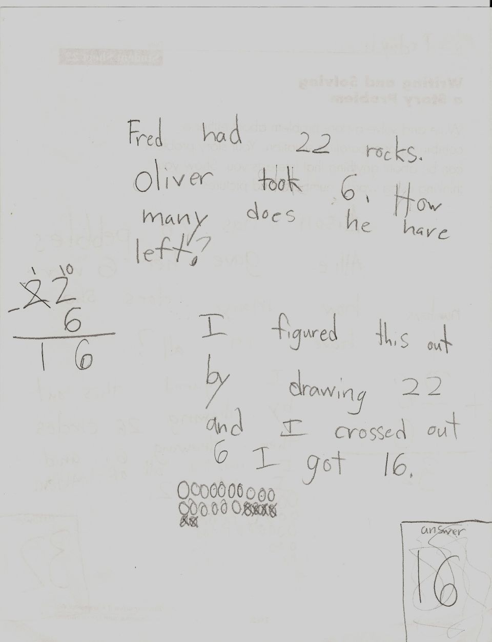 Handwritten math problem about rocks with subtraction and drawing solution. Answer box shows 16