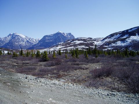 2000 Ford E350 - A scenic view of a mountainous region with patches of snow and scattered trees under a clear blue sky.