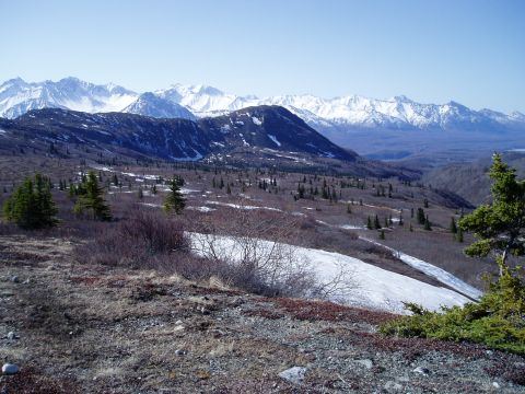 2000 Ford E350 - Expansive mountain vista with patches of snow on the slopes and scattered evergreen trees.
