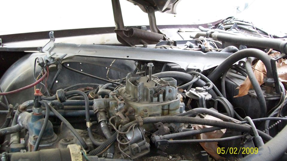 Close-up of a vintage V8 engine bay with carburetor, hoses, and wiring.