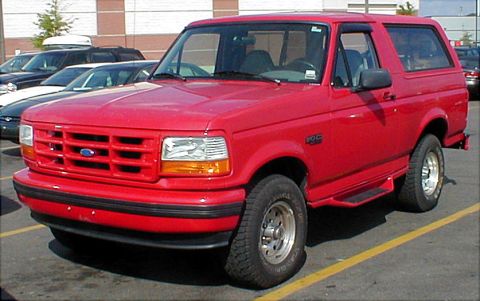 1983 Ford Bronco - This red Ford Bronco is parked in a lot, with other vehicles in the background.