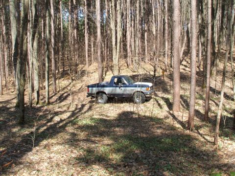 1990 Ford Bronco - A two-tone blue and silver Ford Bronco is parked on a wooded trail, surrounded by trees.