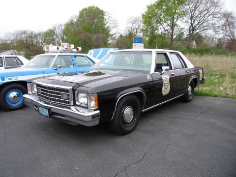 1991 Ford LTD Crown Victoria - black-and-white police sedan numbered 45 with a gold star door emblem, parked beside other patrol cars on asphalt.