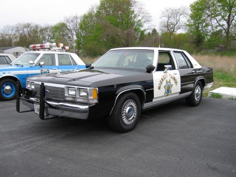1991 Ford LTD Crown Victoria - black-and-white Highway Patrol Ford LTD sedan with a front push bar and gold star emblem, parked beside a blue police car.