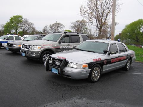 1991 Ford LTD Crown Victoria - silver-and-black Ford Crown Victoria police car with a push bar parks beside a marked SUV and another cruiser.