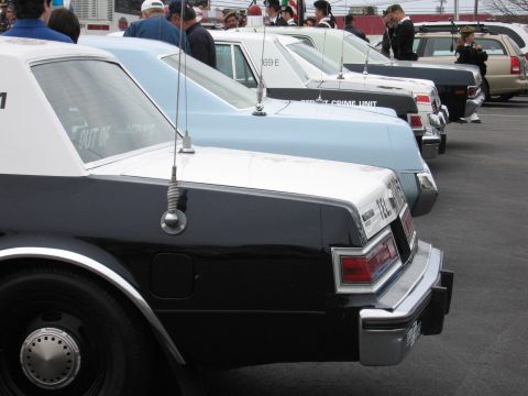 1991 Ford LTD Crown Victoria - line of vintage black-and-white police sedans parked at an angle, with people gathered in the background.